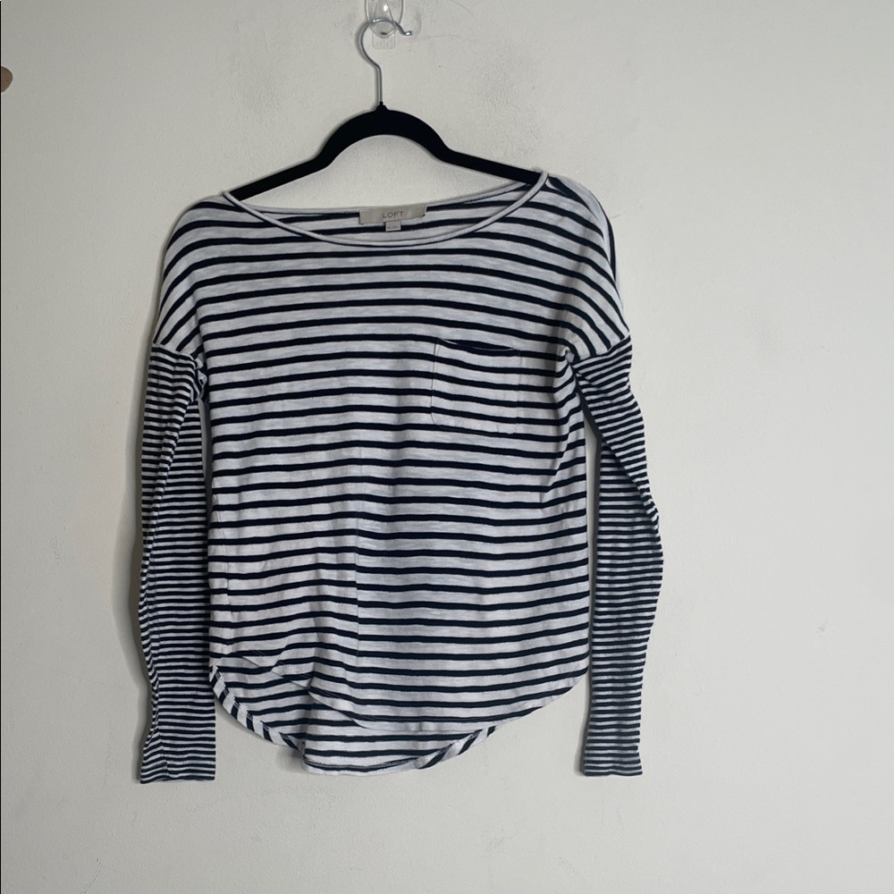 LOFT Navy & White Striped Long Sleeve Pocket Tee